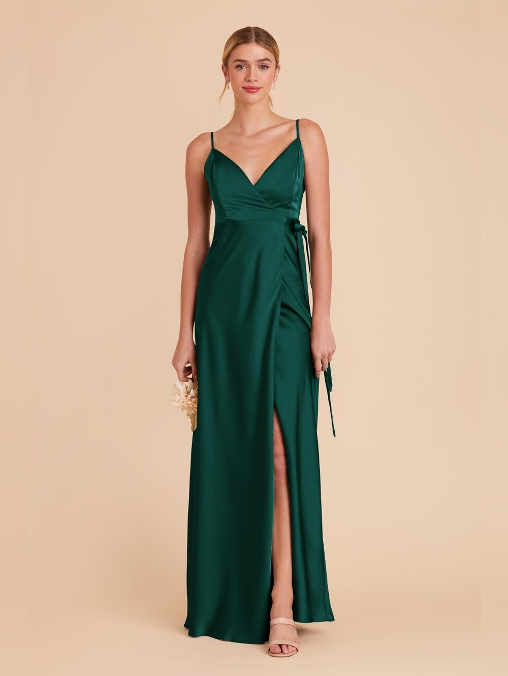 Birdy Grey Cindy Emerald Green Satin V-Neck Spaghetti Strap Dress